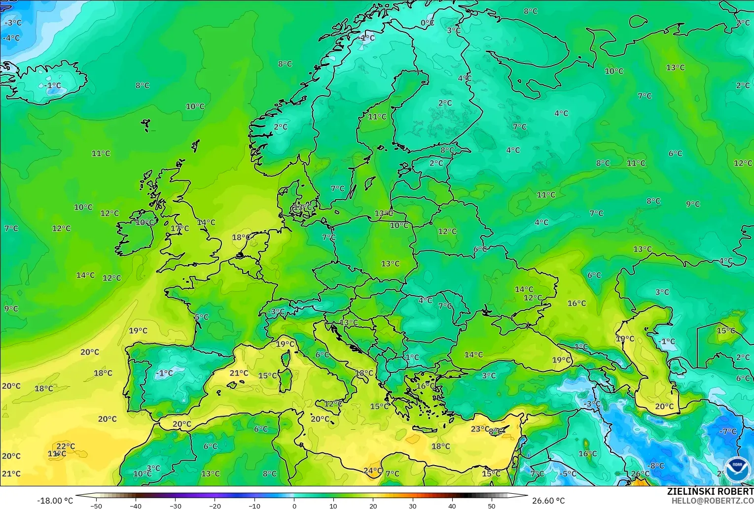 GFS model - Europe, Dewpoint at 2m