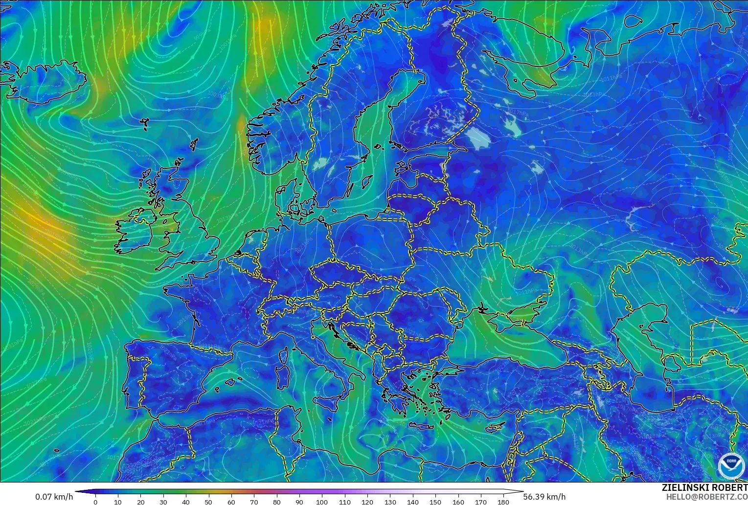 GFS model - Europe, Wind at 10m