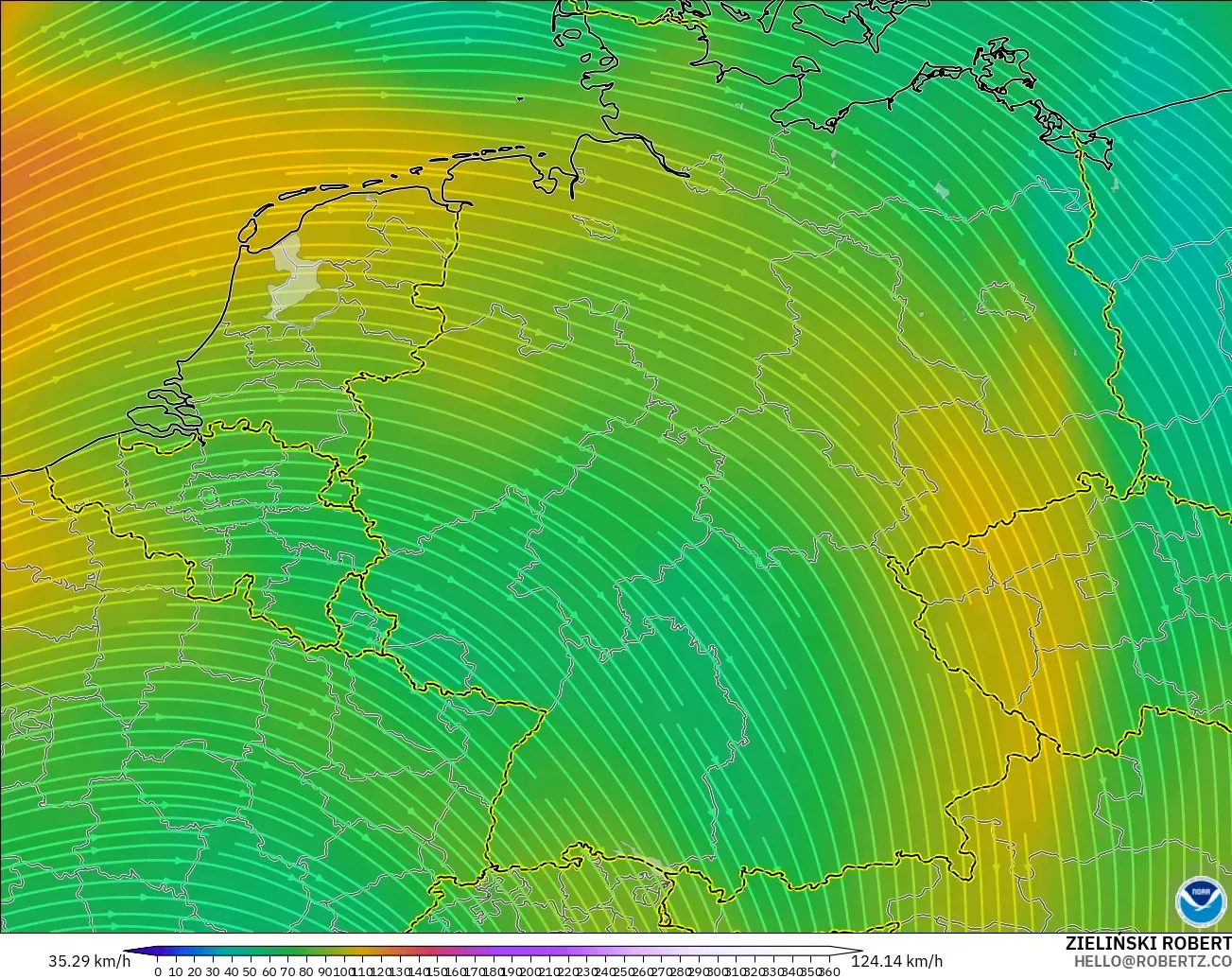 GFS model - Germany, Wind at 300hPa (jet stream)