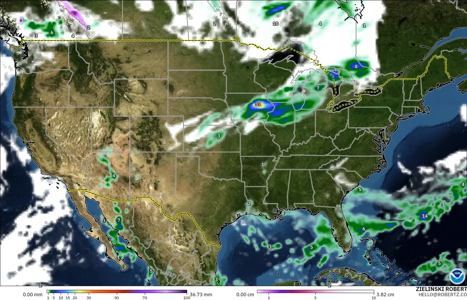 GFS model - United States, Precipitation, Clouds, and Pressure