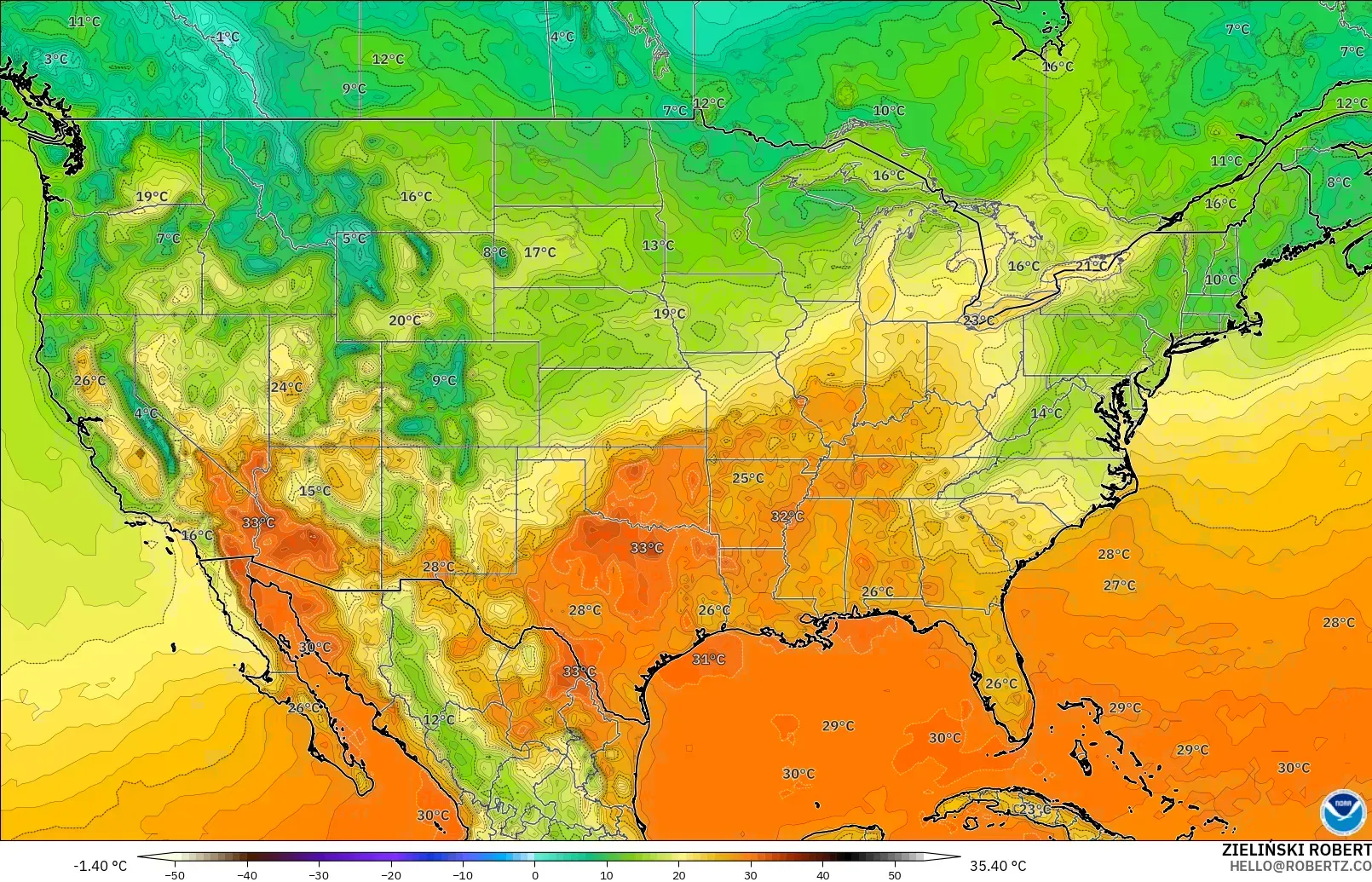 GFS model - United States, Temperature at 2m