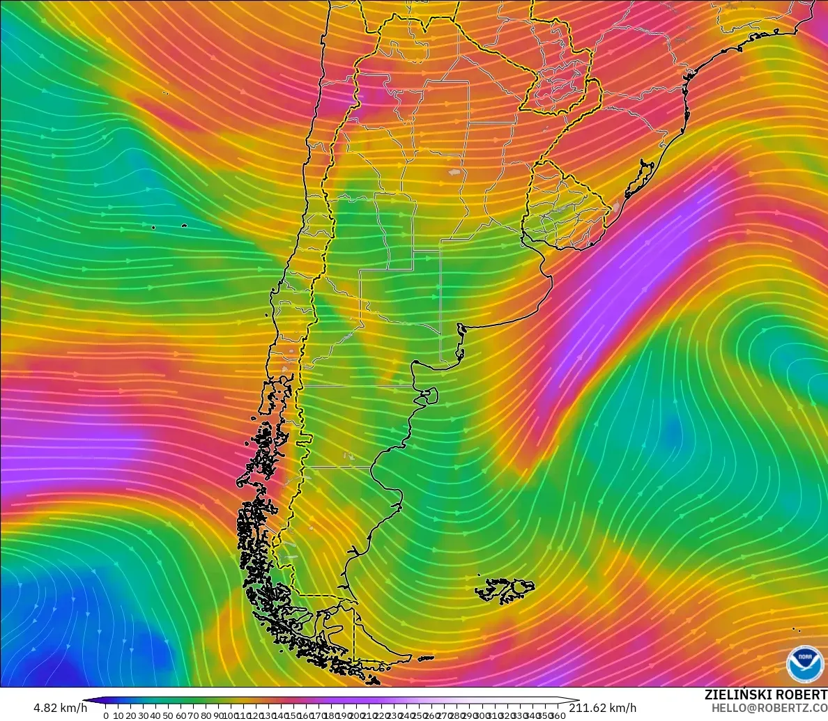 GFS model - Argentina, Wind at 300hPa (jet stream)