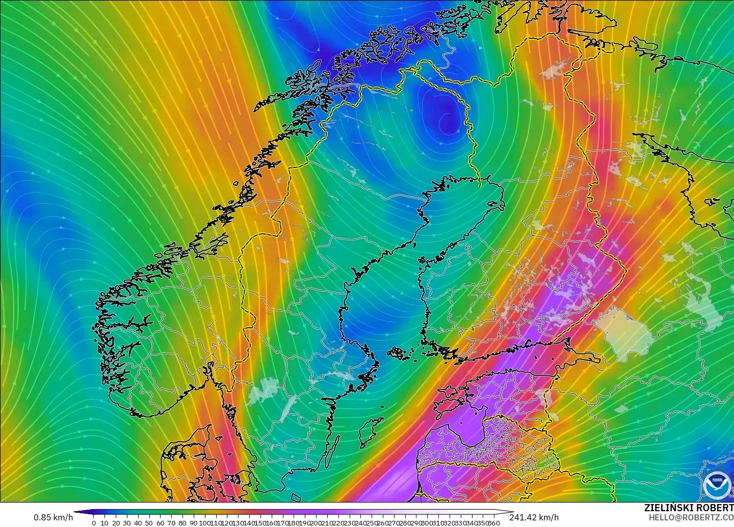 GFS model - Scandinavia, Wind at 300hPa (jet stream)
