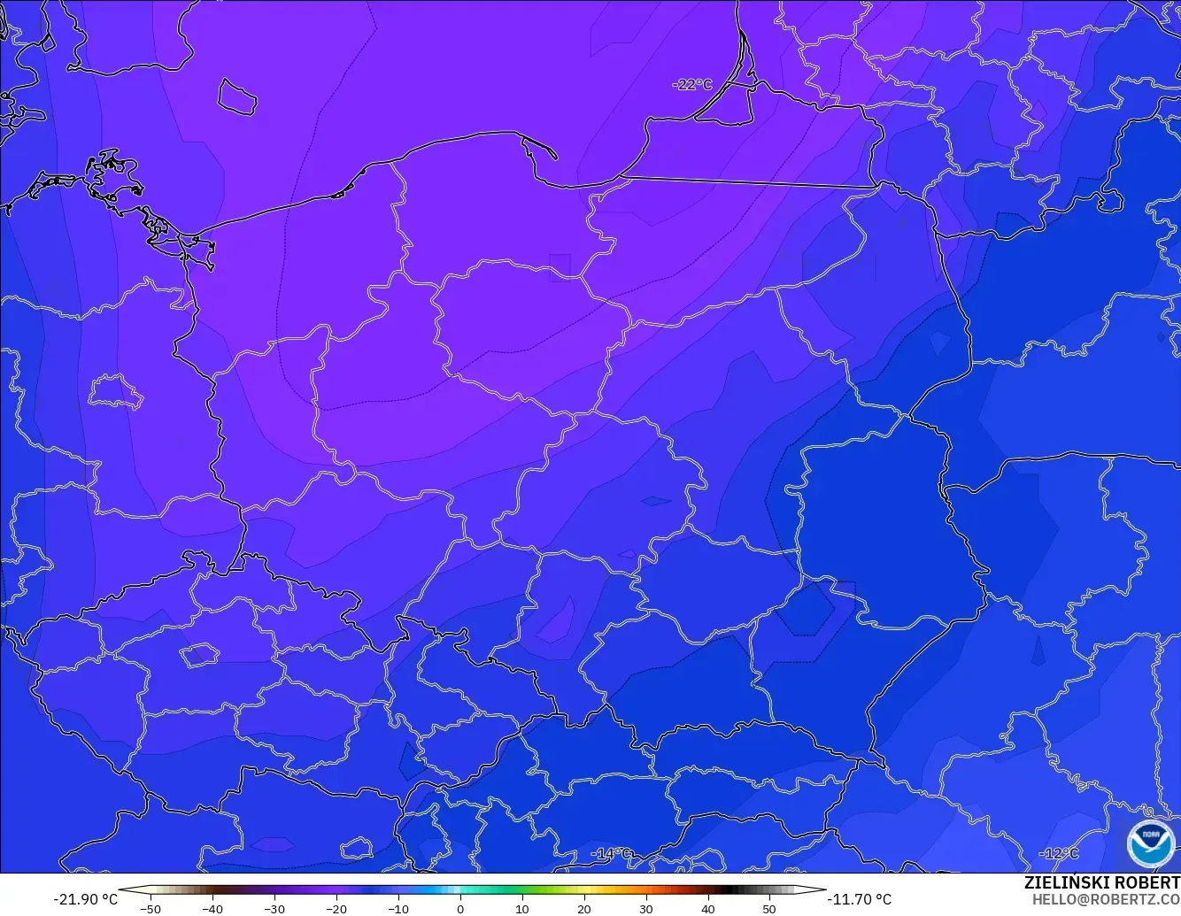 GFS model - Poland, Temperature at 500hPa