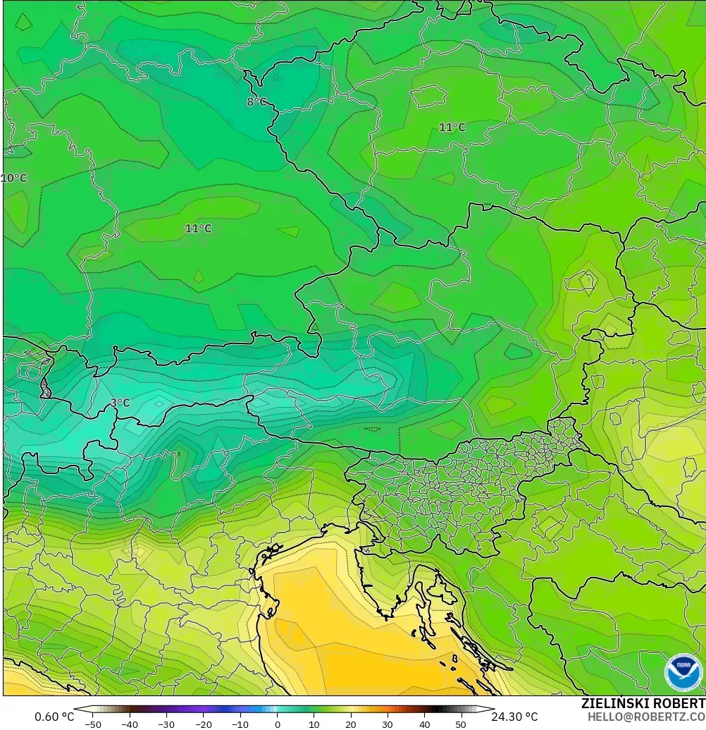 GFS model - Austria, Temperature at 2m