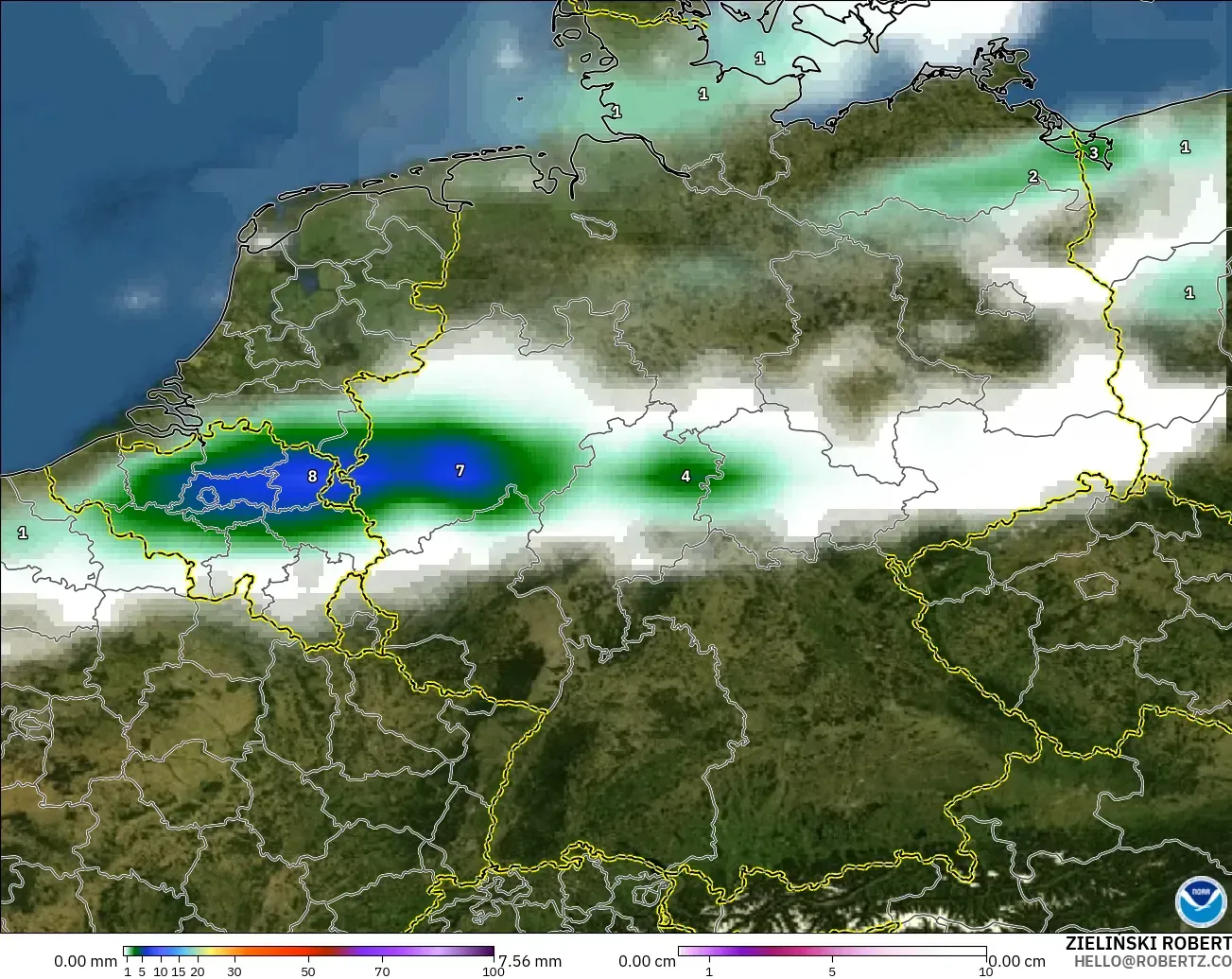GFS model - Germany, Precipitation, Clouds, and Pressure