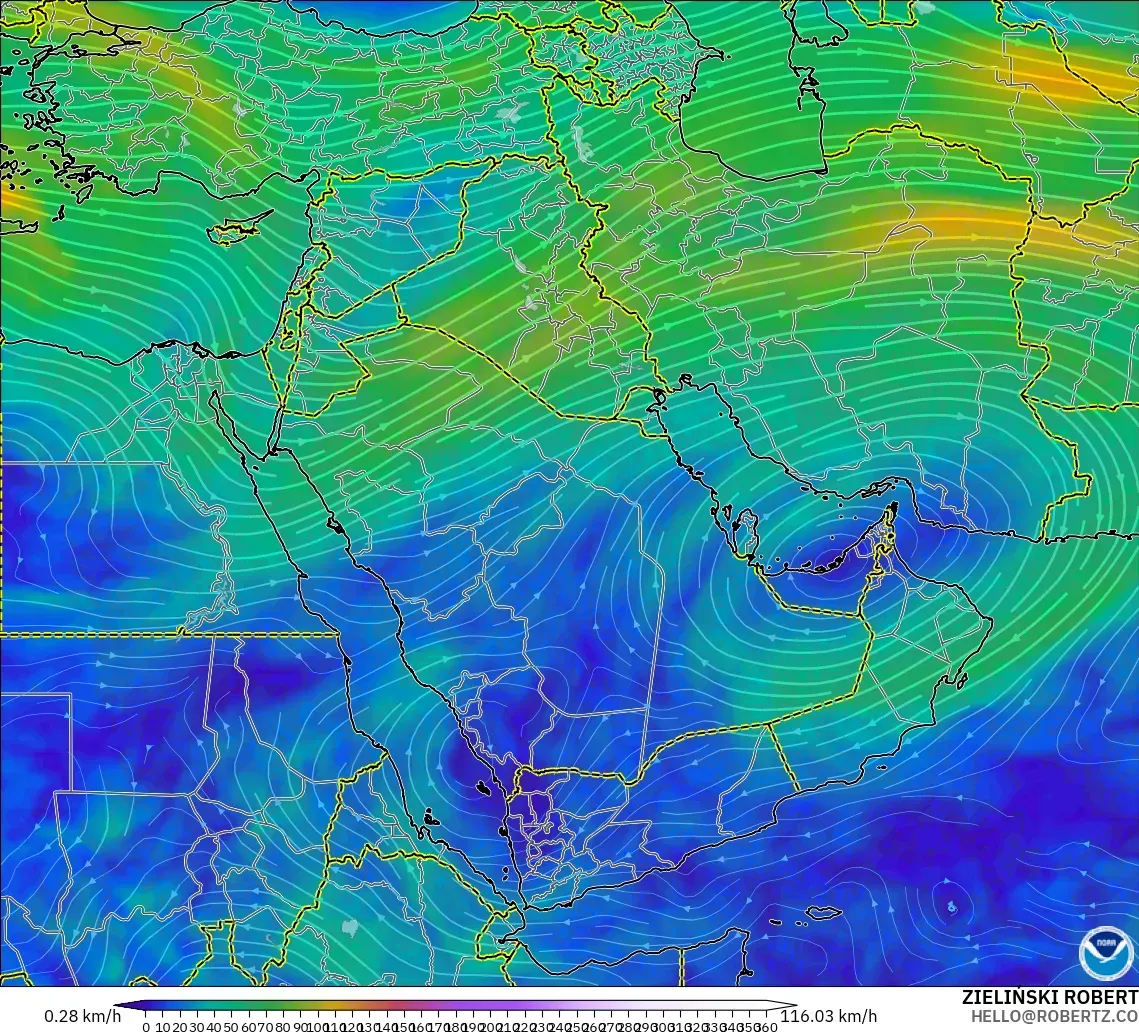 GFS model - Middle East, Wind at 300hPa (jet stream)