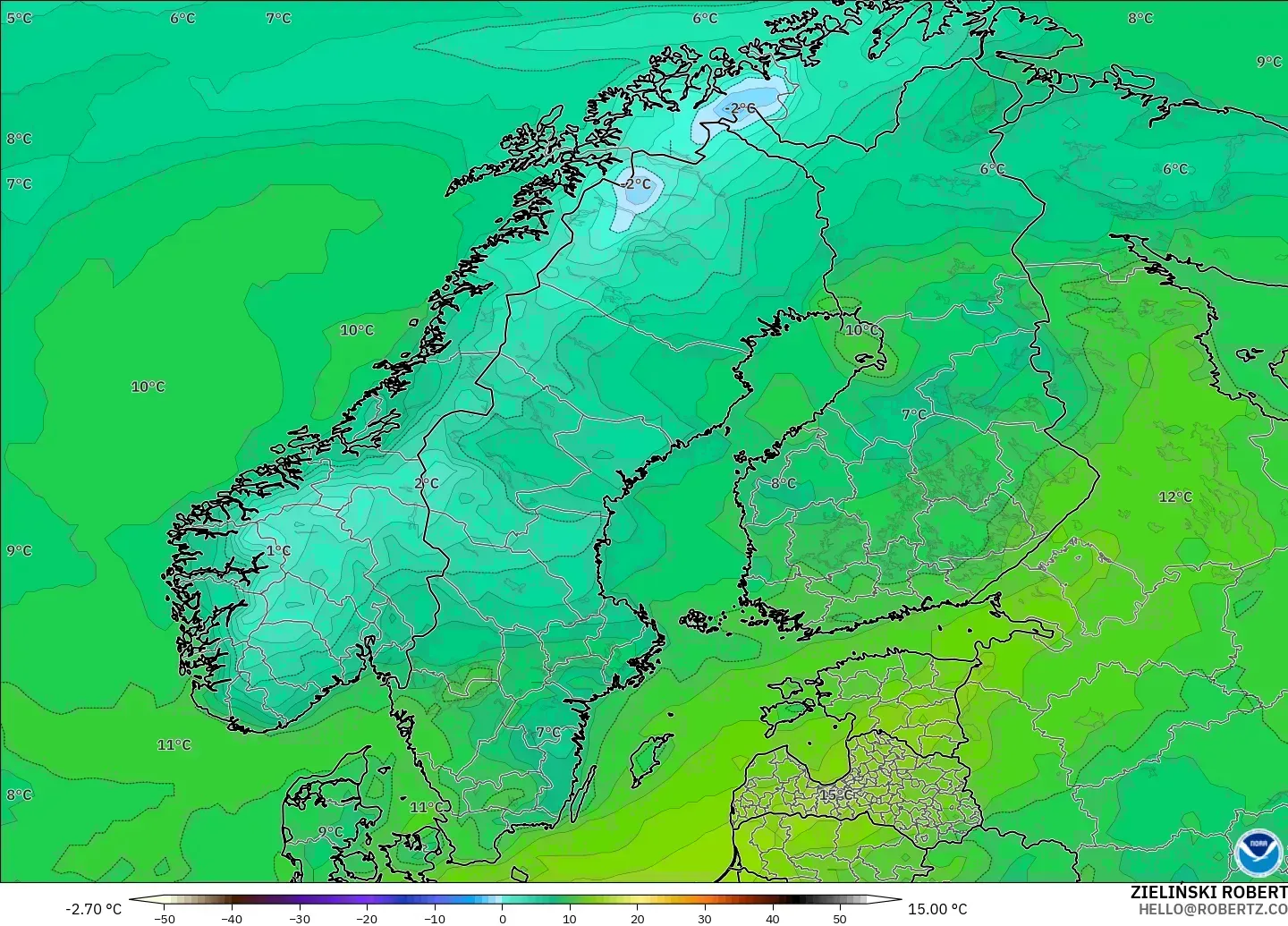 GFS model - Scandinavia, Dewpoint at 2m