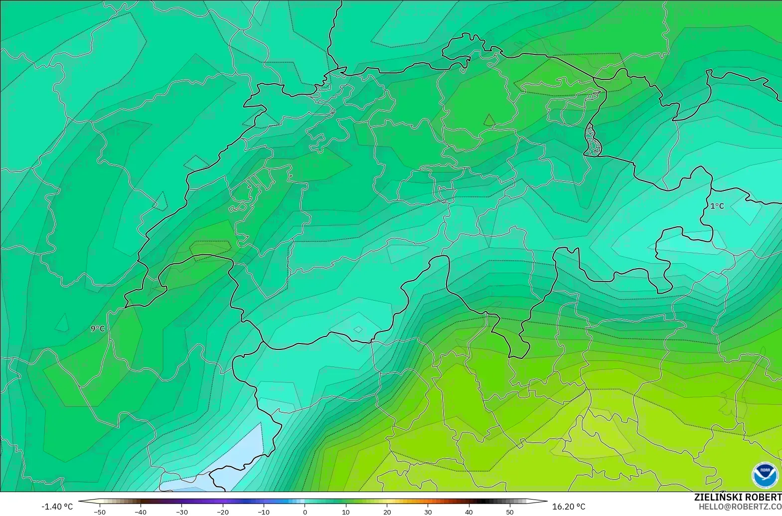 GFS model - Switzerland, Dewpoint at 2m