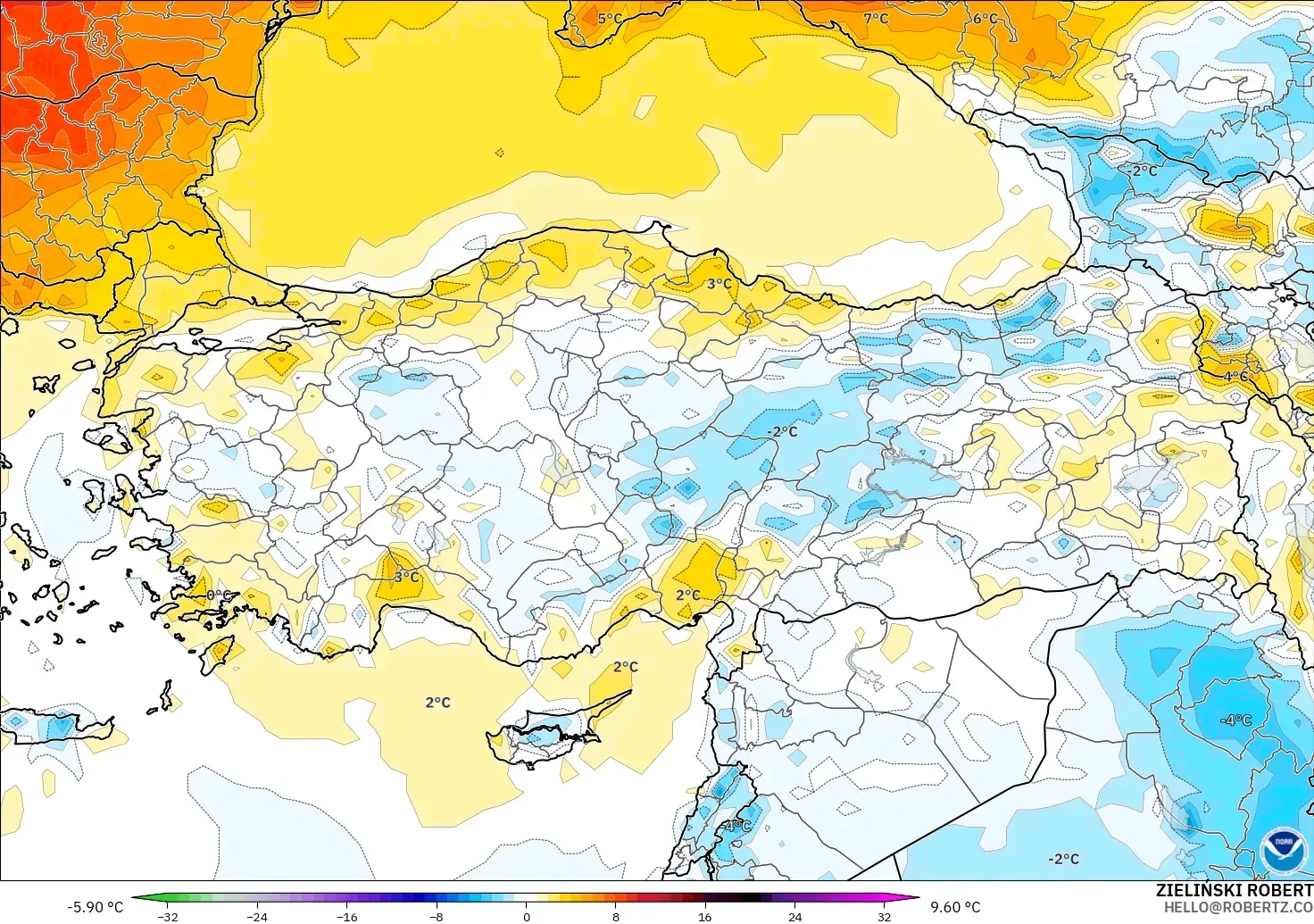 GFS model - Turkey, Temperature at 2m Anomaly