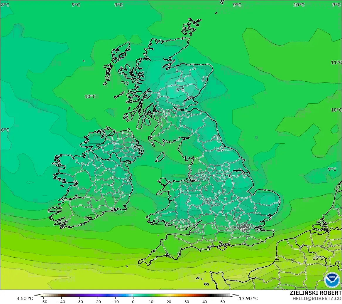 GFS model - United Kingdom, Dewpoint at 2m