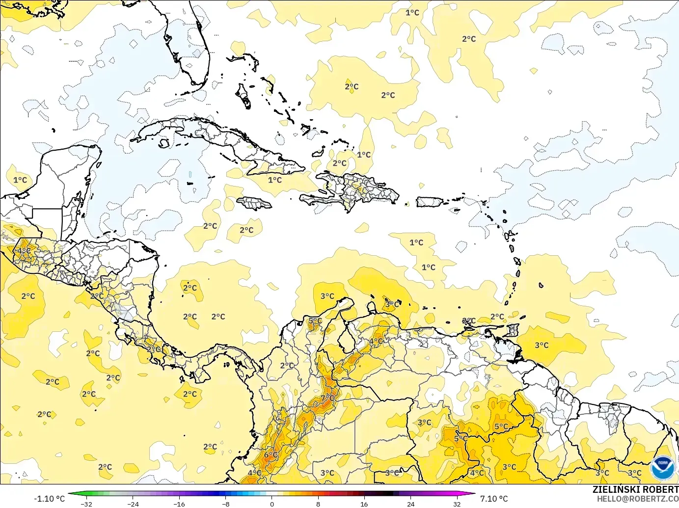 GFS model - Caribbean, Temperature at 850hPa Anomaly