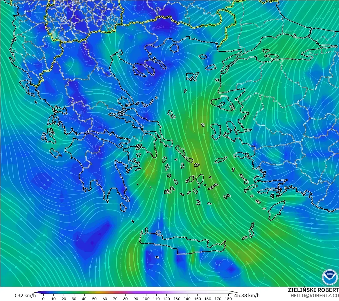 GFS model - Greece, Wind at 10m