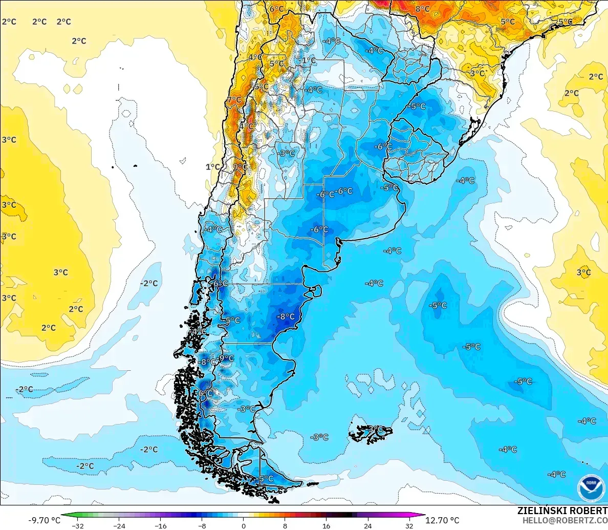 GFS model - Argentina, Temperature at 2m Anomaly