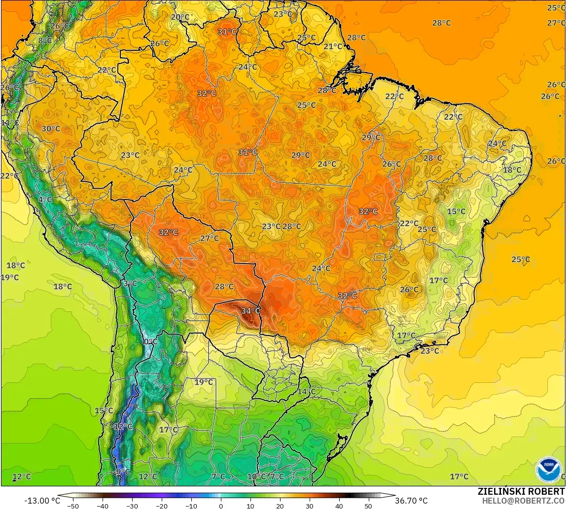 GFS model - Brazil, Temperature at 2m