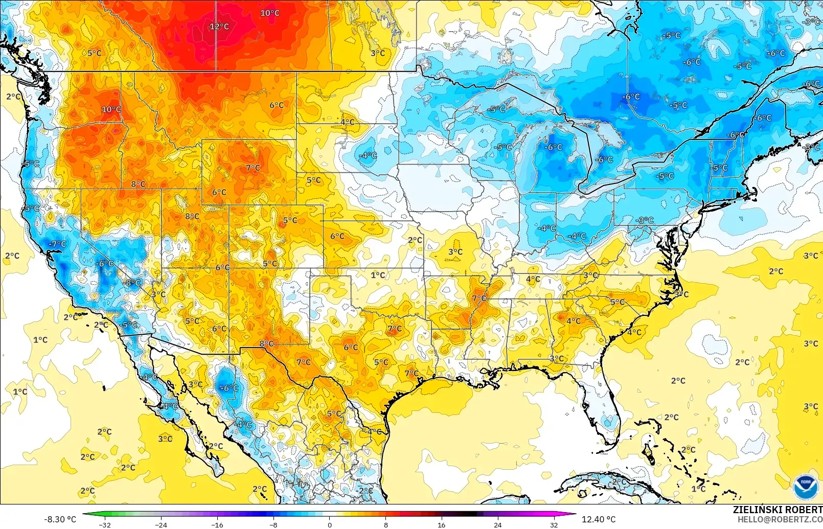GFS model - United States, Temperature at 2m Anomaly