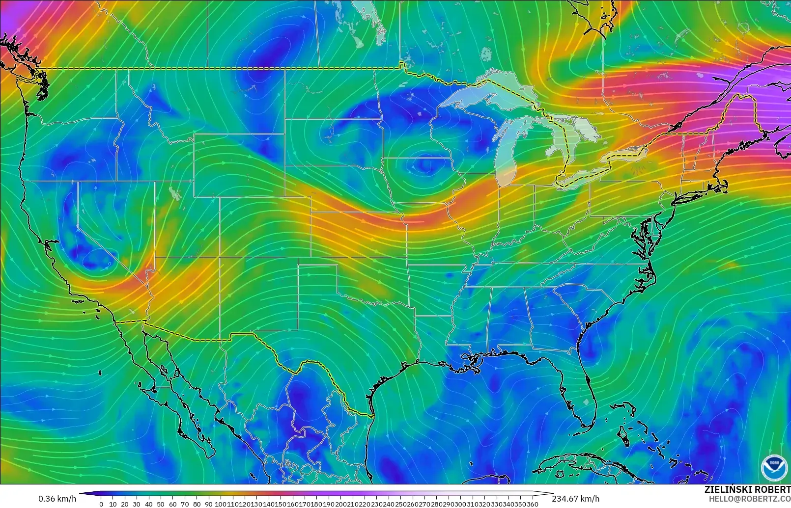 GFS model - United States, Wind at 300hPa (jet stream)