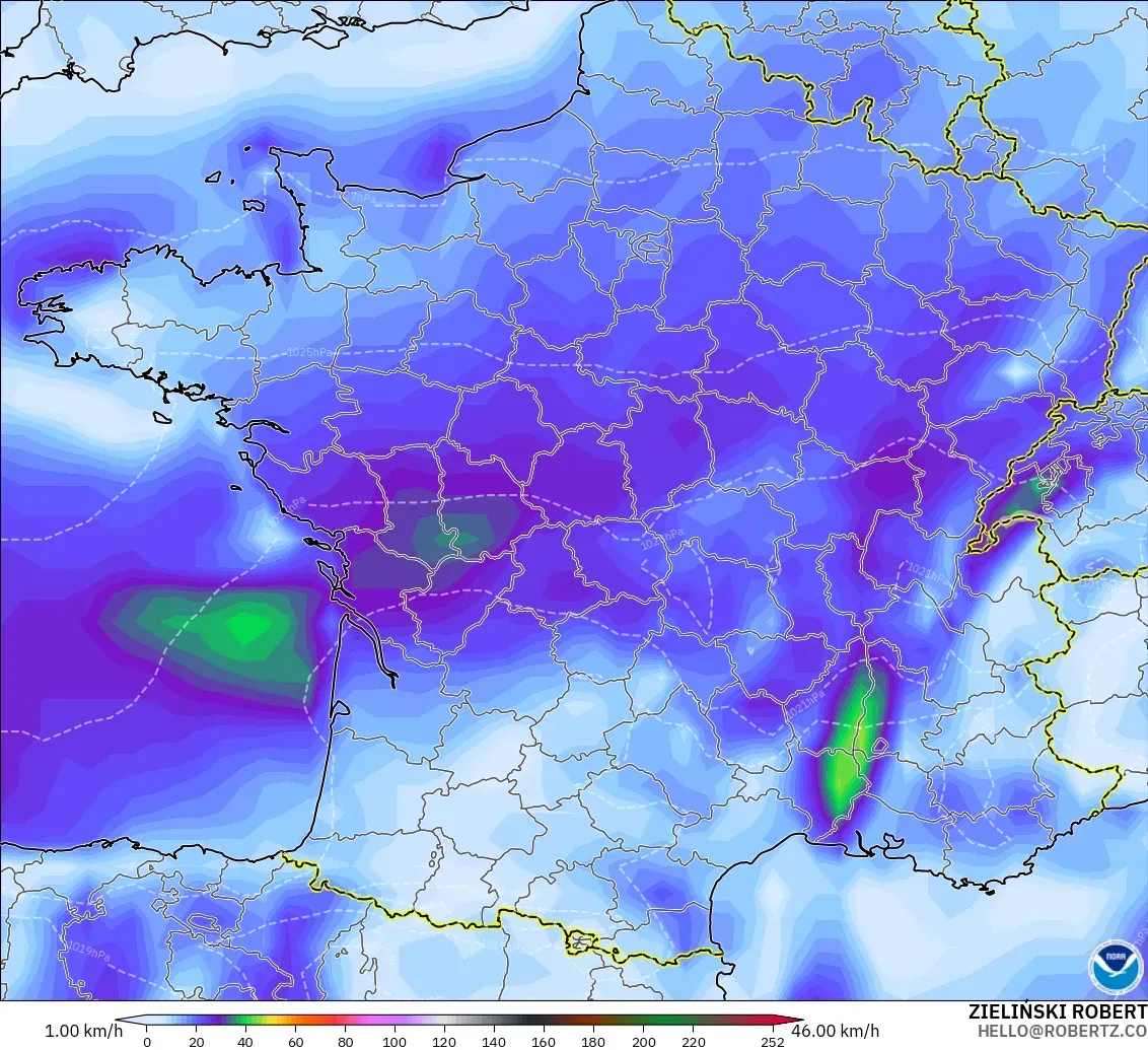 GFS model - France, Wind Gusts