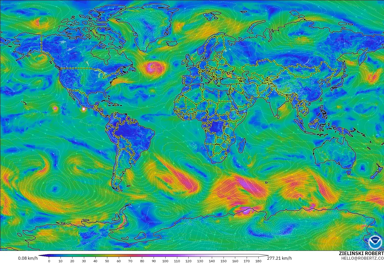 GFS model - World, Wind at 10m