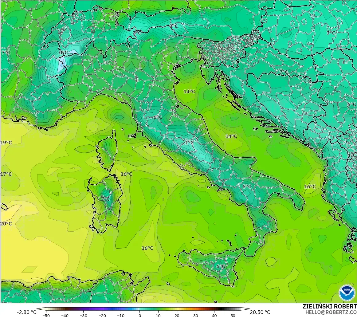 GFS model - Italy, Dewpoint at 2m