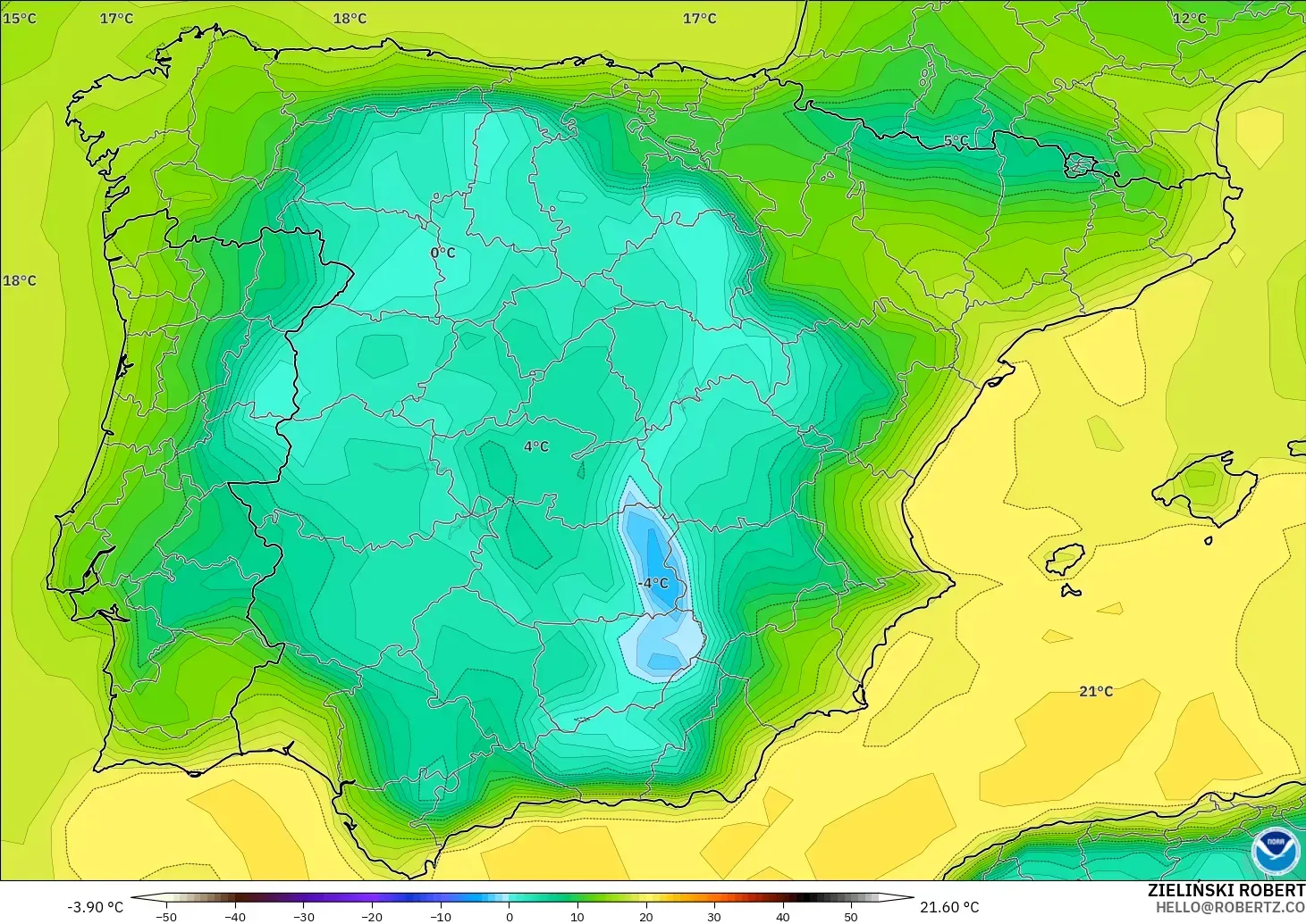 GFS model - Spain, Dewpoint at 2m