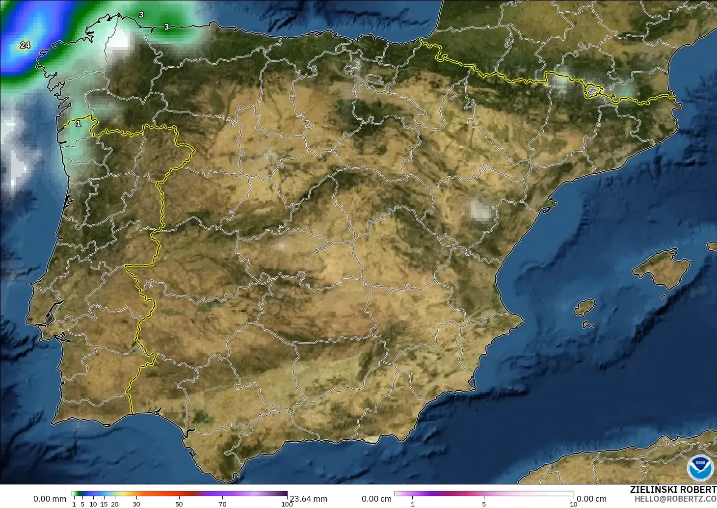 GFS model - Spain, Precipitation, Clouds, and Pressure