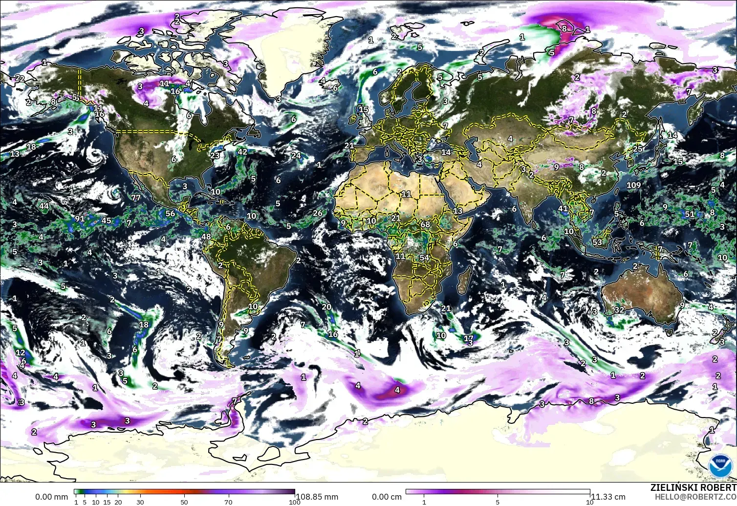 GFS model - World, Precipitation, Clouds, and Pressure