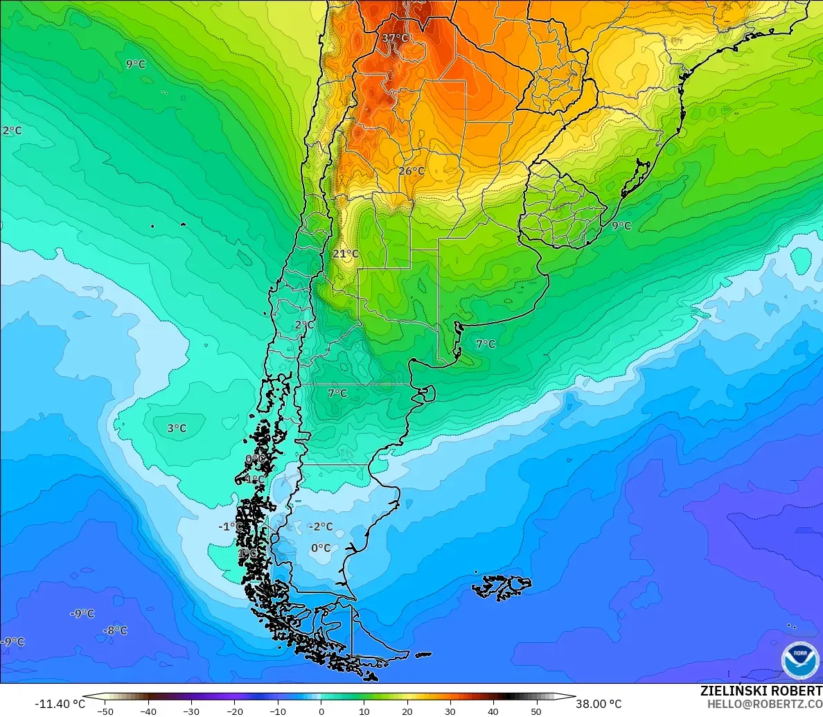 GFS model - Argentina, Temperature at 850hPa