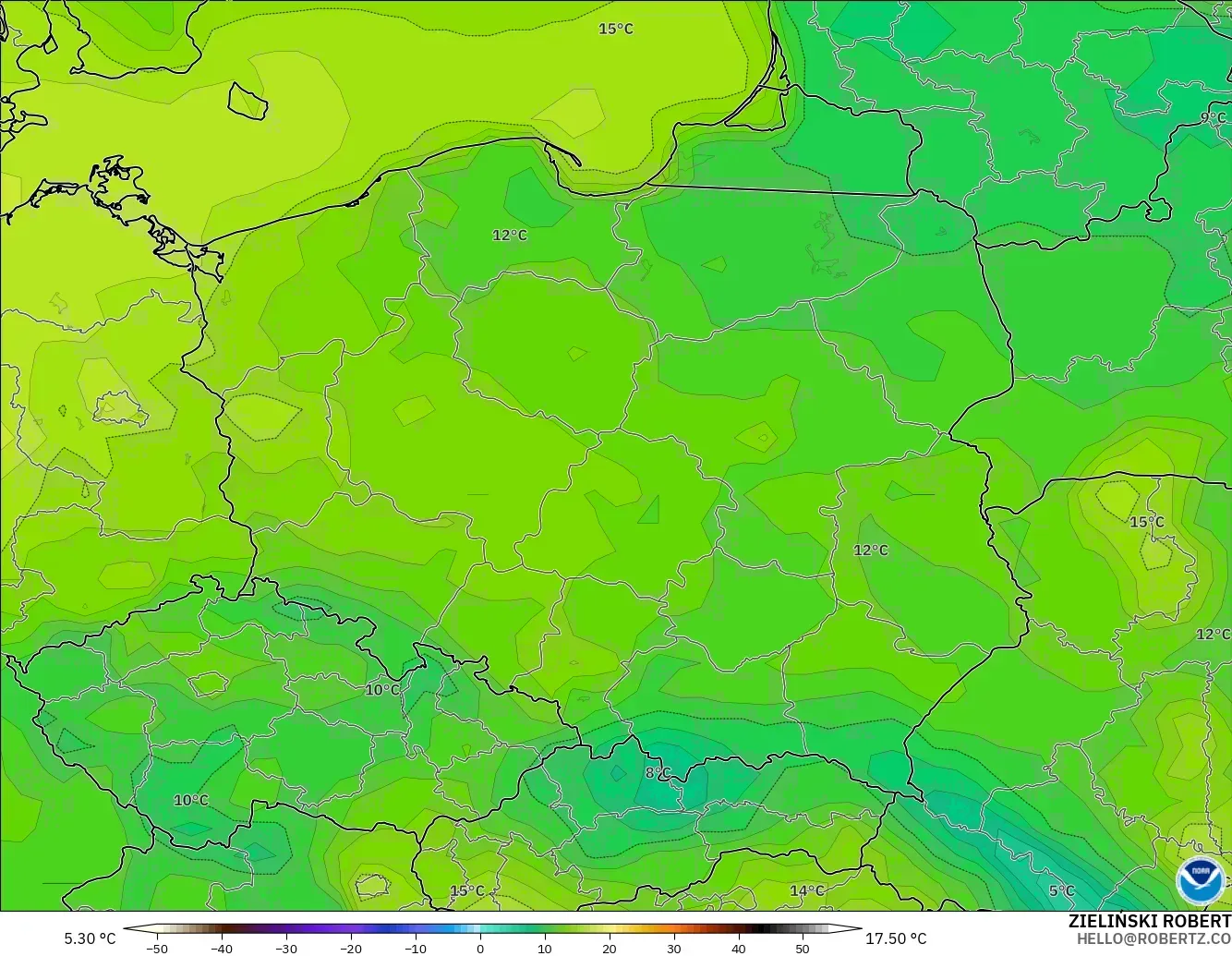 GFS model - Poland, Temperature at 2m
