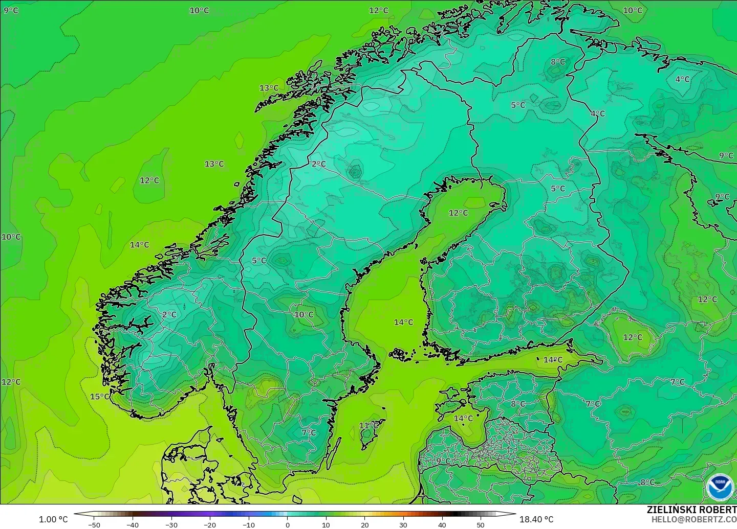 GFS model - Scandinavia, Temperature at 2m