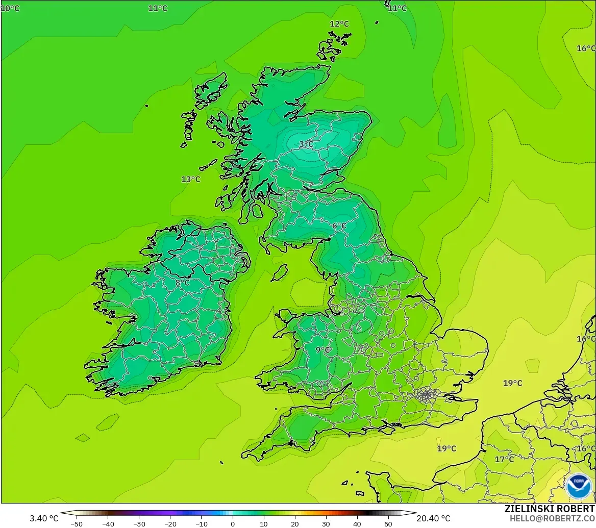 GFS model - United Kingdom, Temperature at 2m