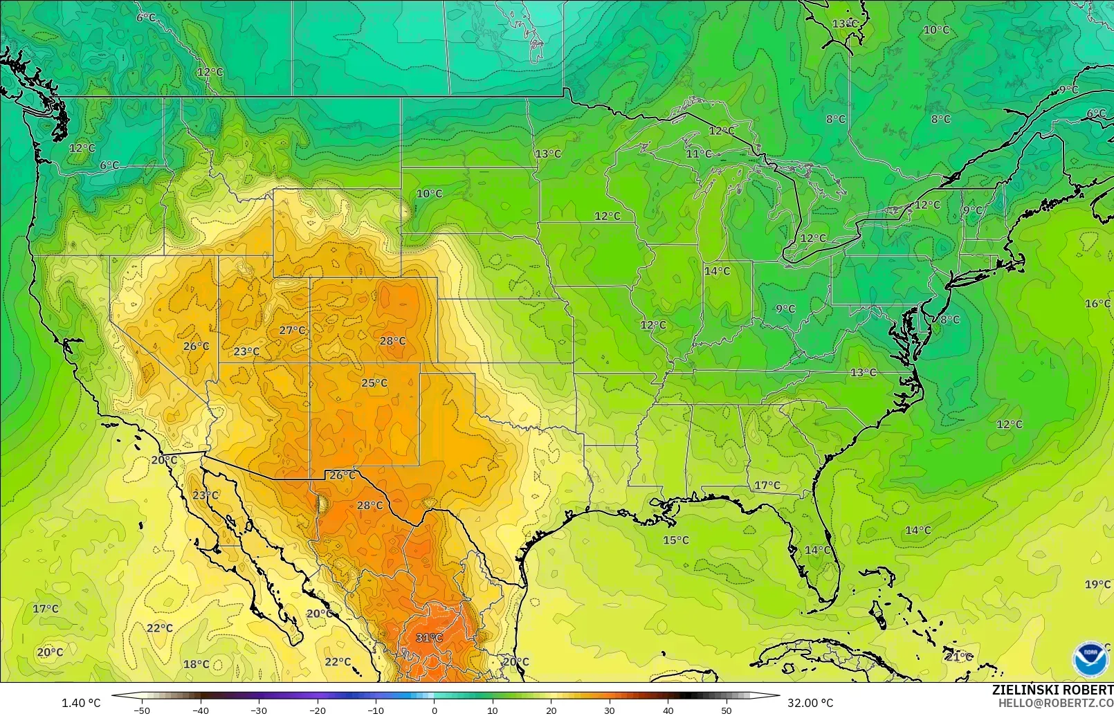 GFS model - United States, Temperature at 850hPa