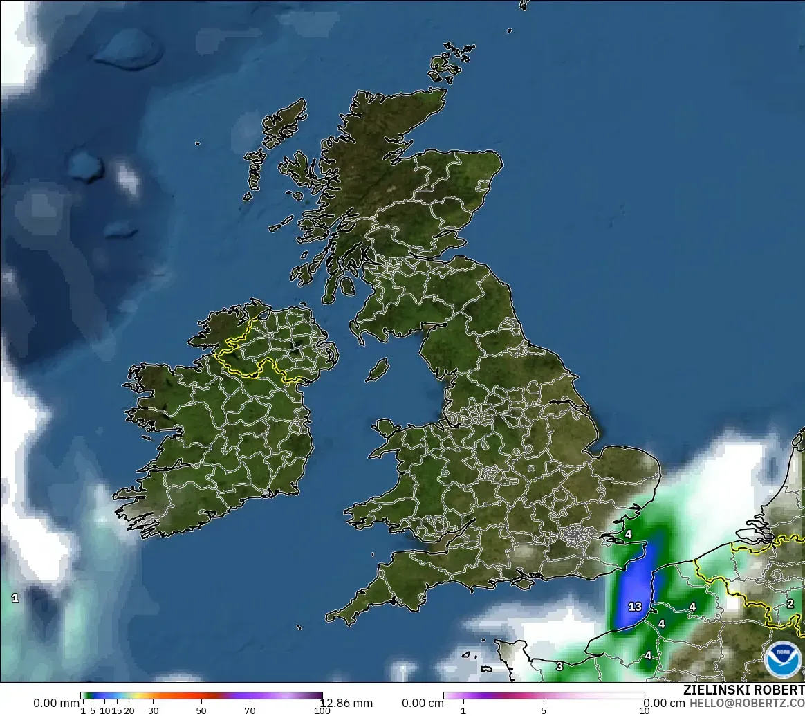 GFS model - United Kingdom, Precipitation, Clouds, and Pressure