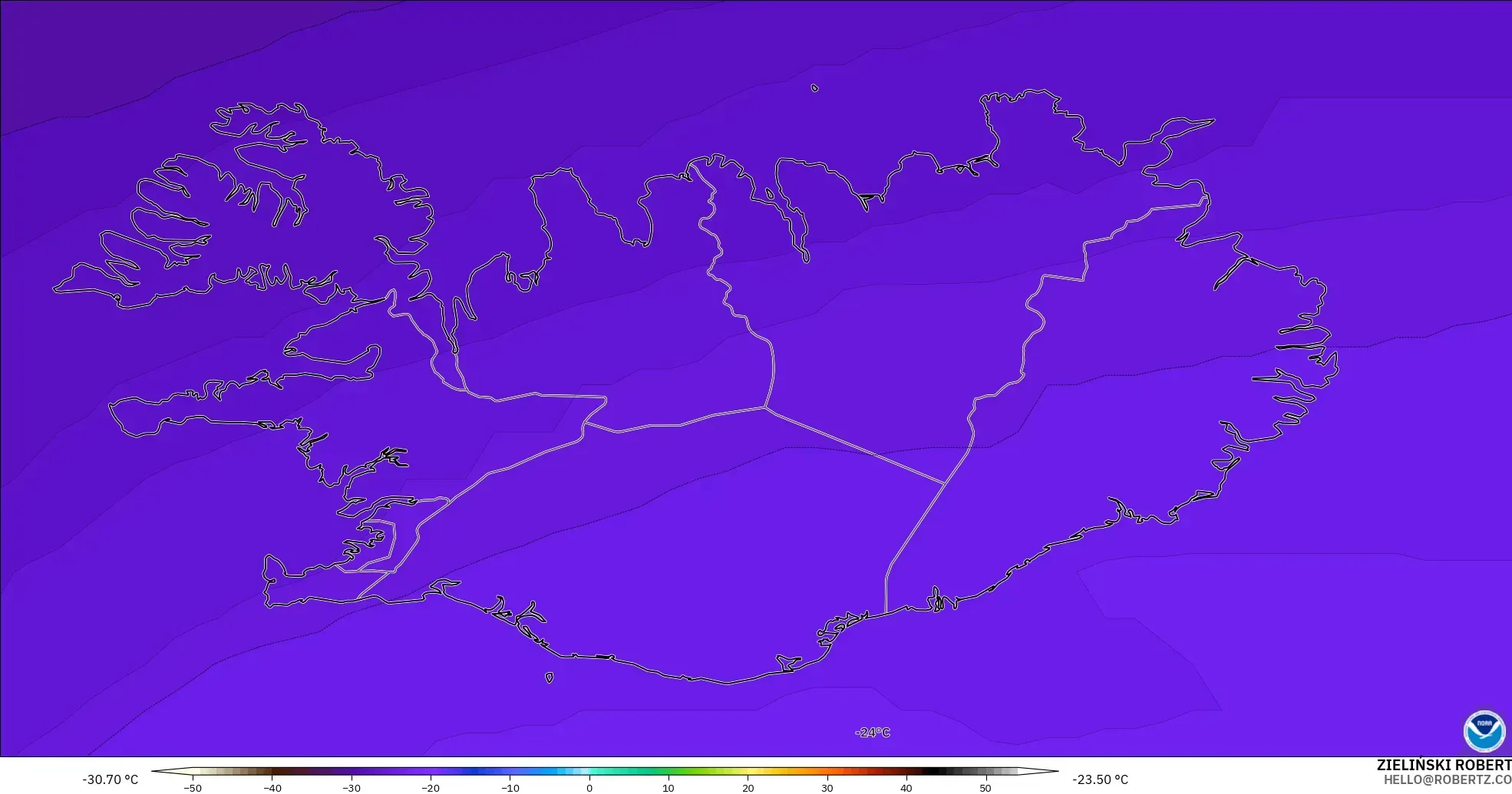 GFS model - Iceland, Temperature at 500hPa