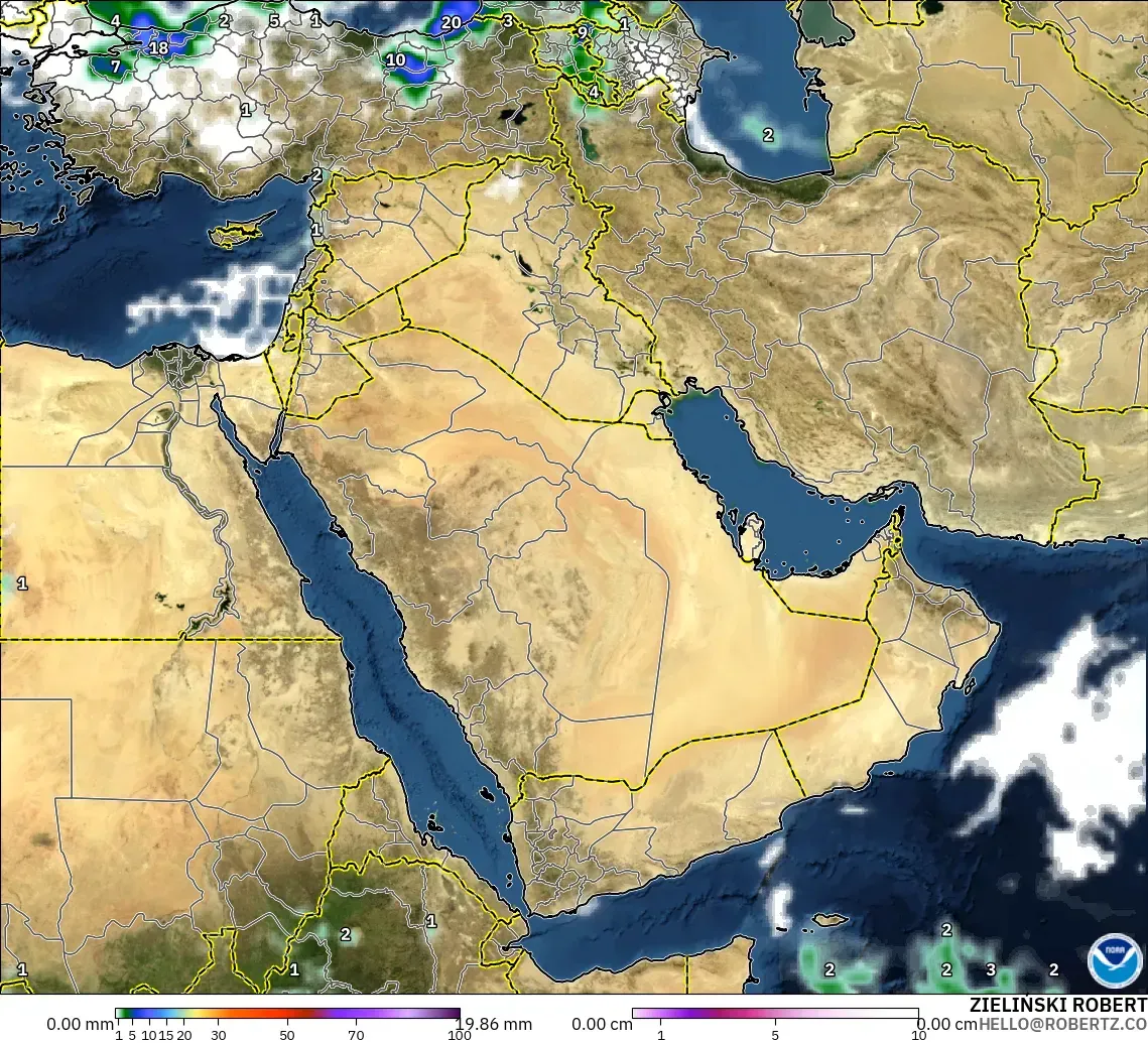 GFS model - Middle East, Precipitation, Clouds, and Pressure