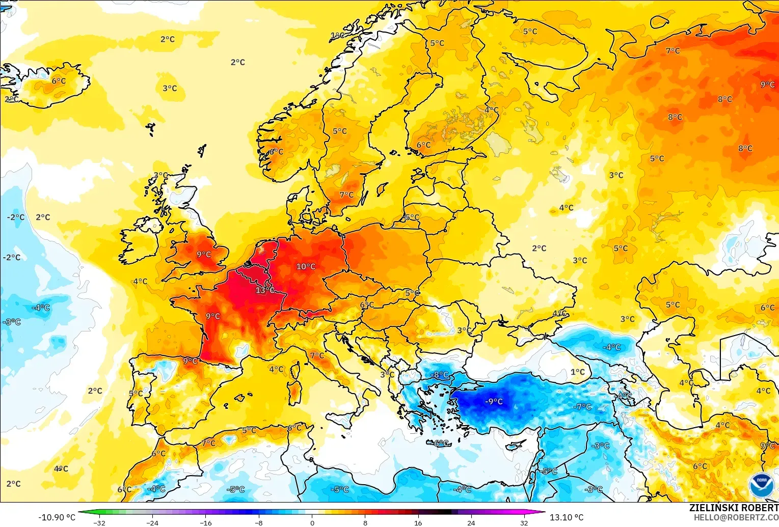 GFS model - Europe, Temperature at 2m Anomaly