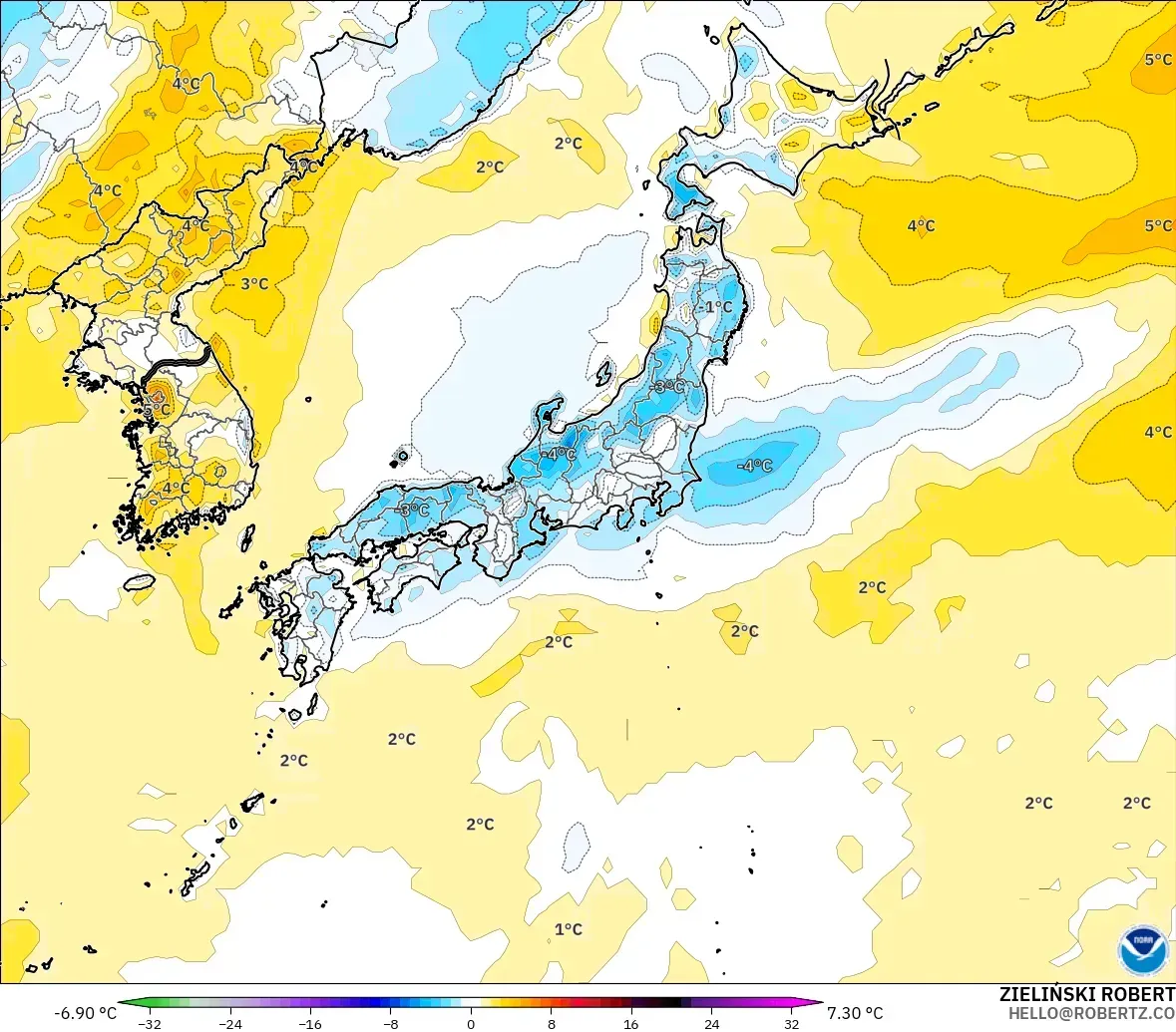 GFS model - Japan, Temperature at 2m Anomaly