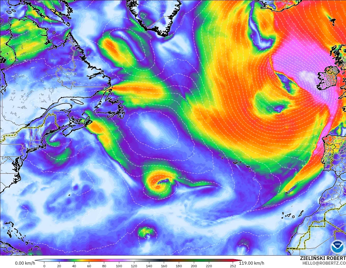 GFS model - North Atlantic, Wind Gusts