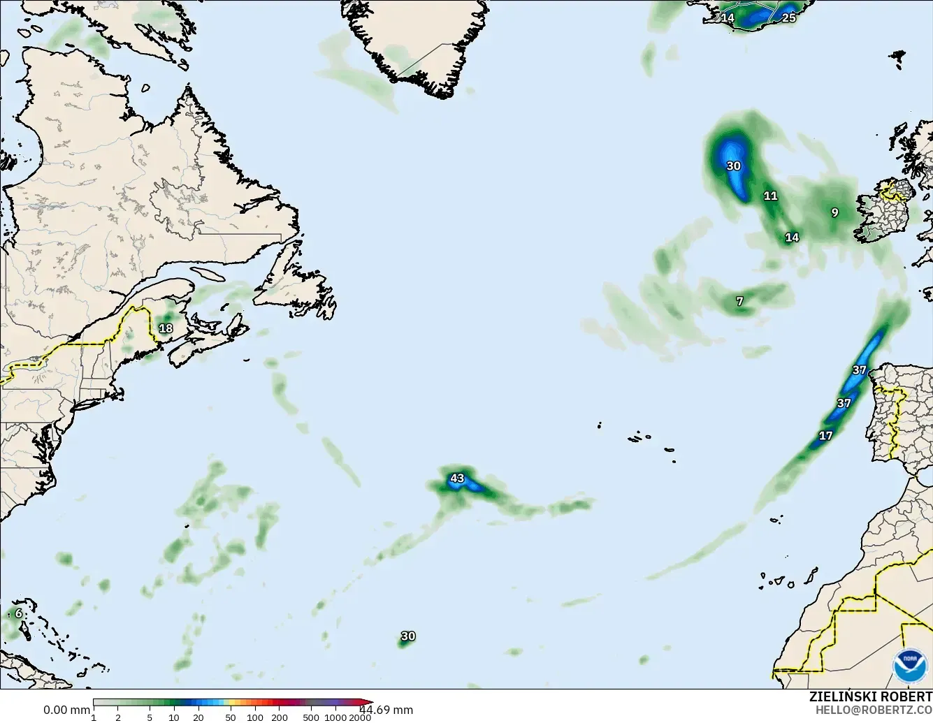 GFS model - North Atlantic, Precipitation Accumulation