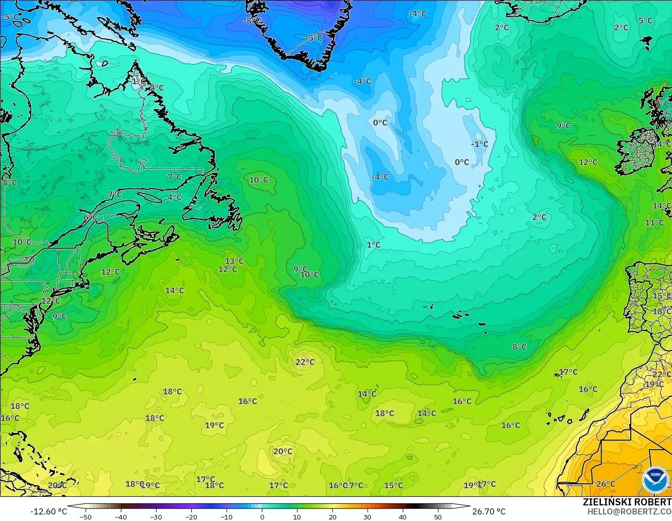GFS model - North Atlantic, Temperature at 850hPa