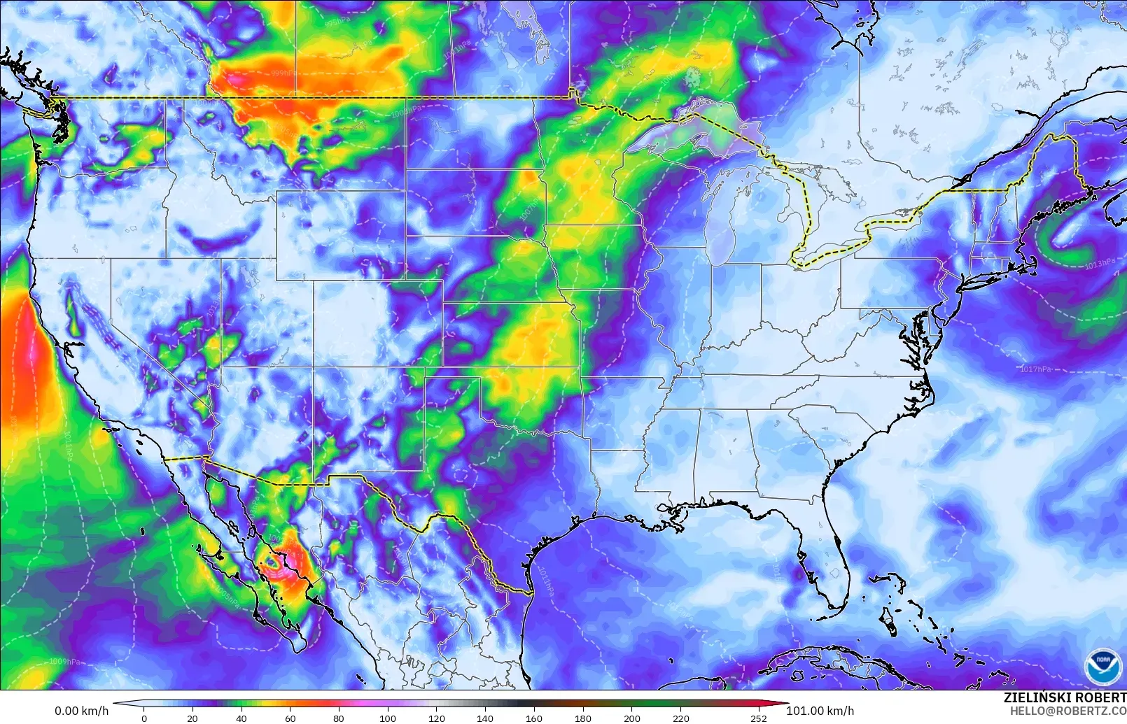 GFS model - United States, Wind Gusts Peak