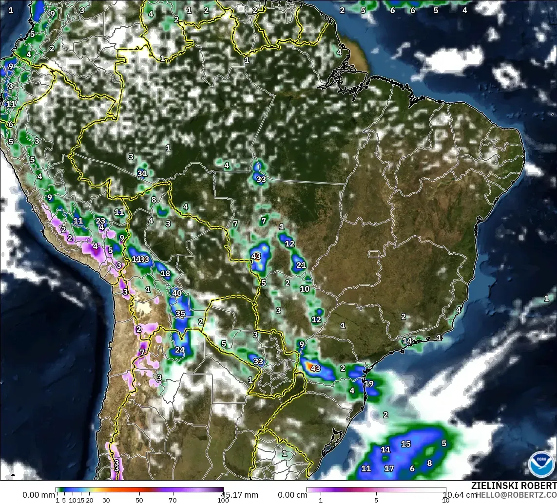 GFS model - Brazil, Precipitation, Clouds, and Pressure