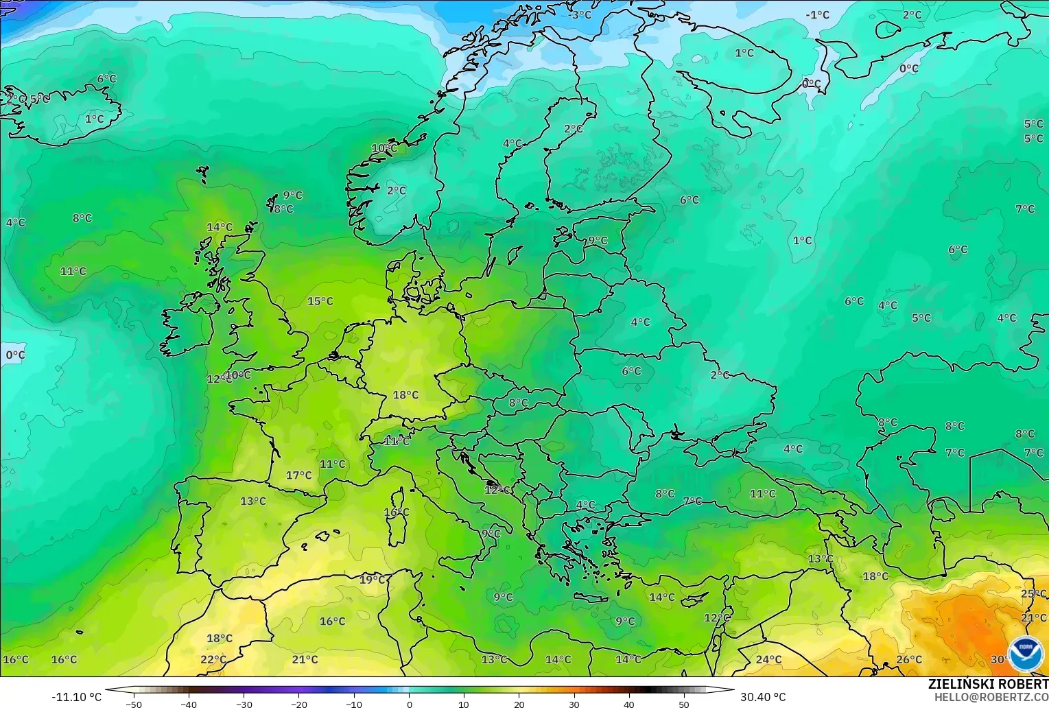 GFS model - Europe, Temperature at 850hPa