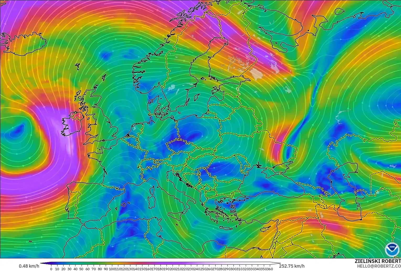 GFS model - Europe, Wind at 300hPa (jet stream)