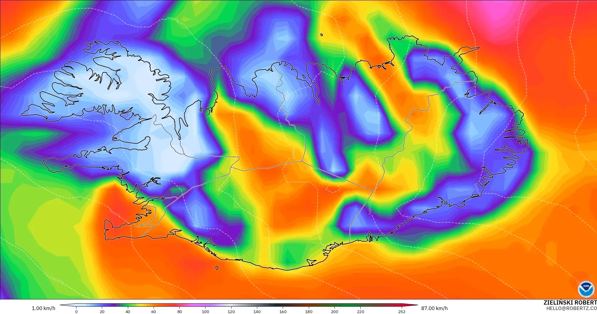 GFS model - Iceland, Wind Gusts Peak