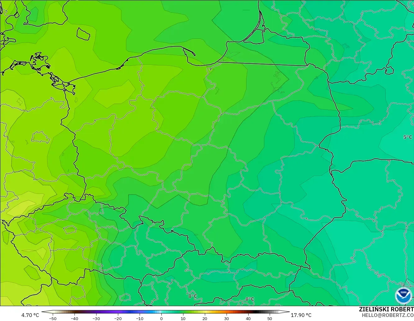 GFS model - Poland, Temperature at 850hPa