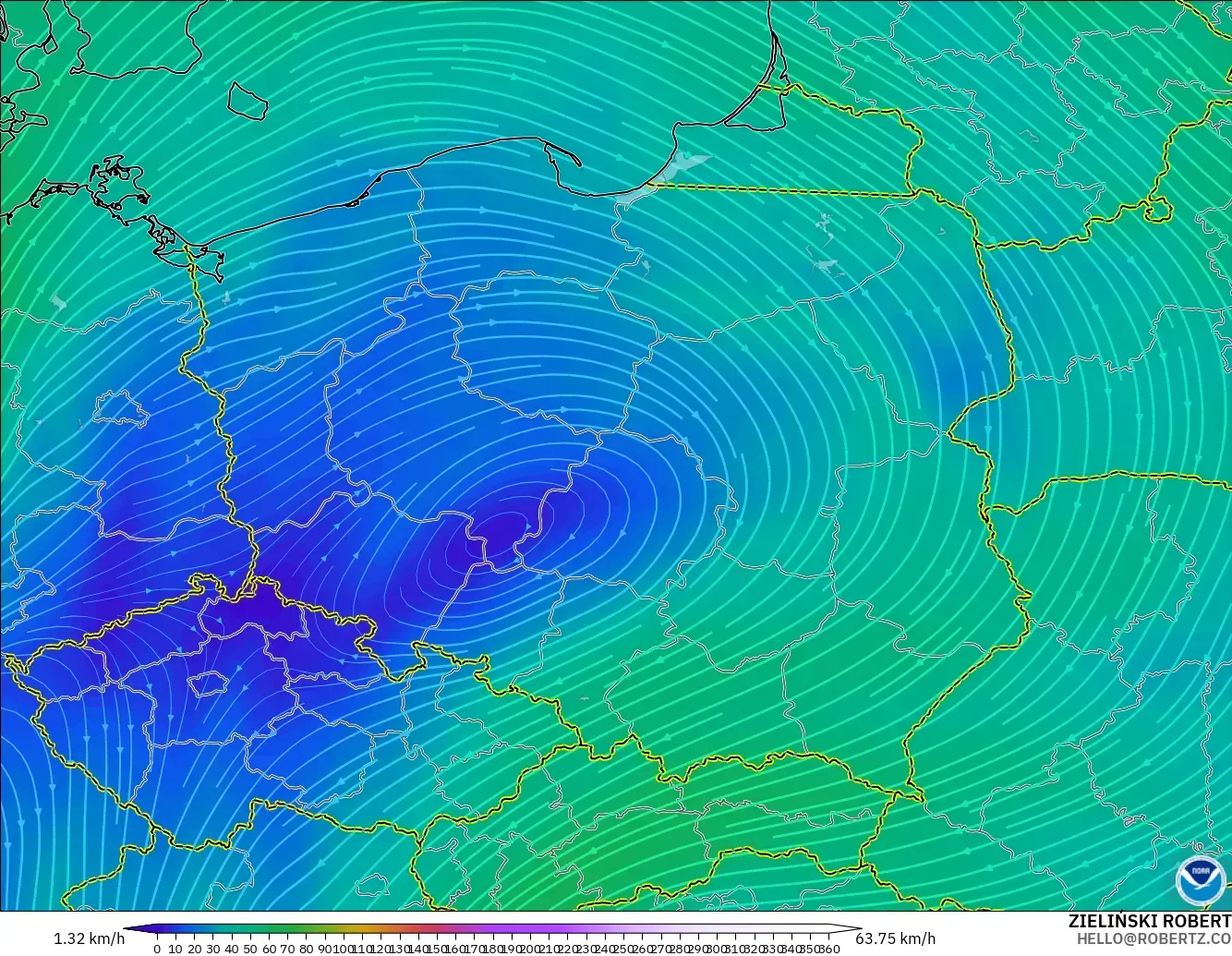 GFS model - Poland, Wind at 300hPa (jet stream)