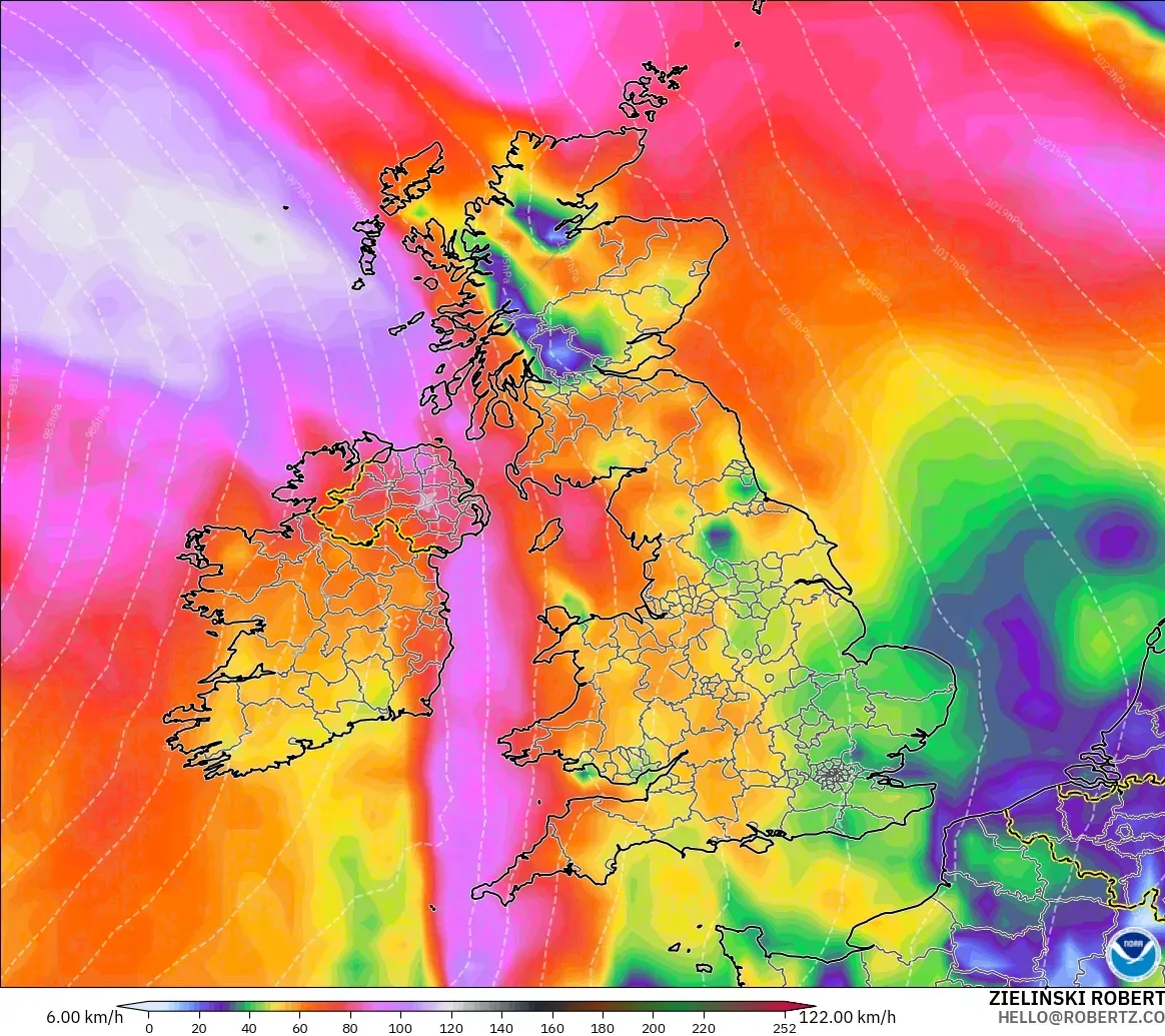 GFS model - United Kingdom, Wind Gusts