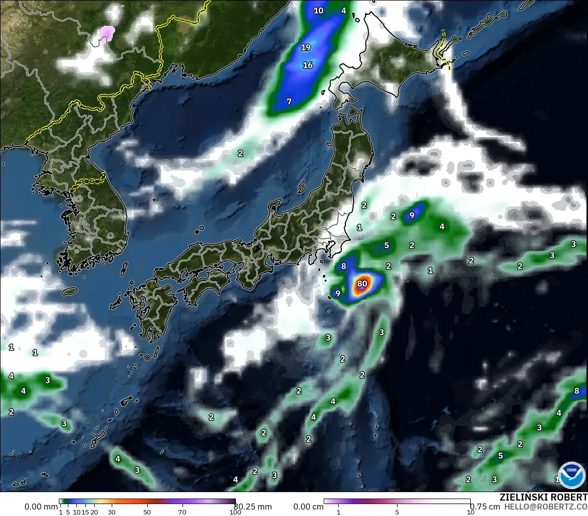 GFS model - Japan, Precipitation, Clouds, and Pressure