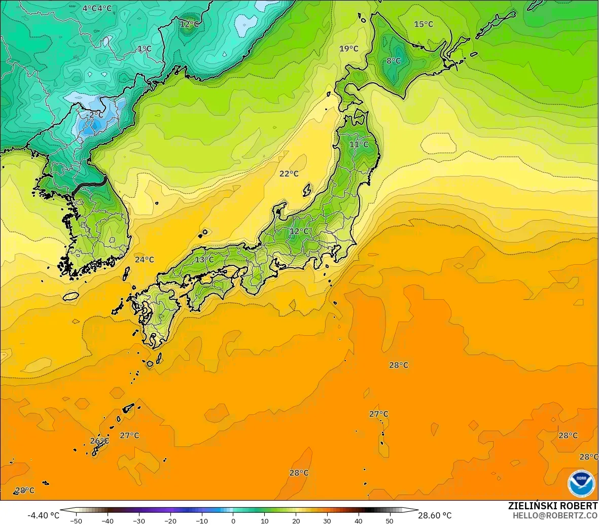 GFS model - Japan, Temperature at 2m